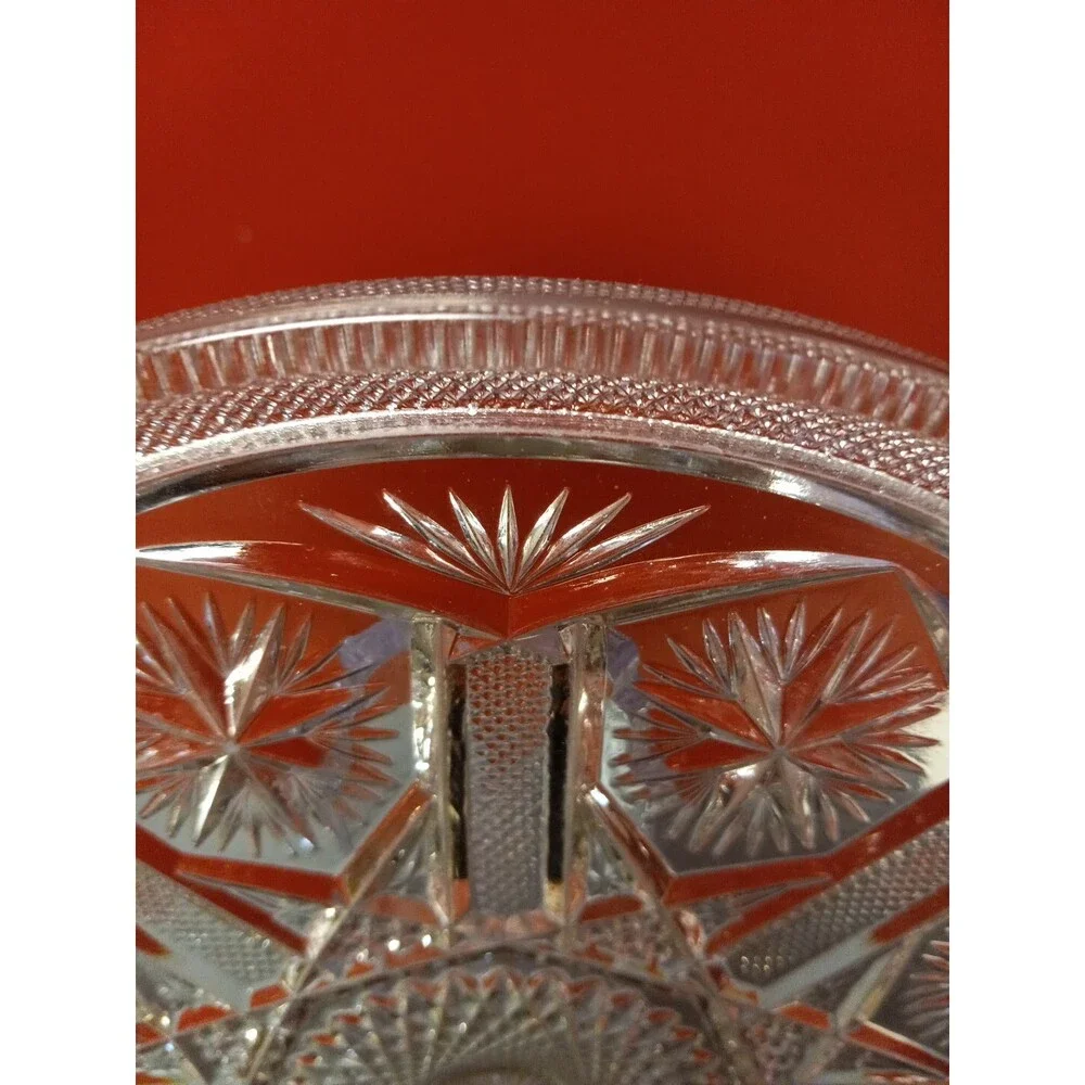 Vtg Cut Glass Round Tray Crosshatched Lip-Starbursts Hobstars...